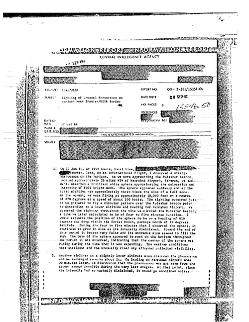 First page of CIAUFO - SIGHTING OF UNUSUAL PHENOMENON ON HORIZON NEAR IRANIAN:USSR BORDER
