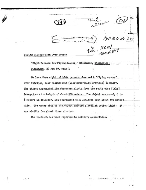 First page of CIAUFO - FLYING SAUCERS SEEN OVER SWEDEN