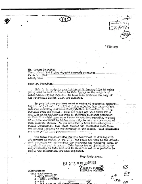 First page of CIAUFO - TO GEORGE POPOWITCH FROM JOHN S HARMAN ANSWERING HIS LETTER O F 21