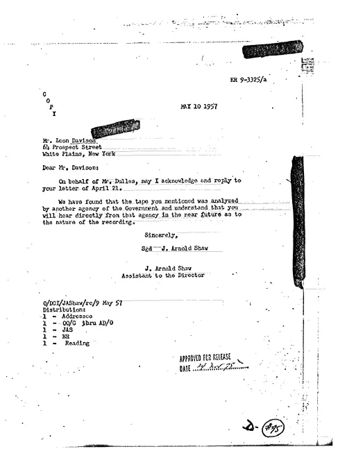 First page of CIAUFO - UNTITLED (LETTER TO DAVIDSON FROM SHAW ON TAPE RECORDING)