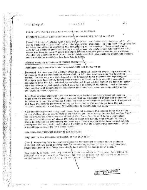 First page of CIAUFO - BOLIVIA REPORTS CONFLICT ON DETAILS OF FALLEN OBJECT