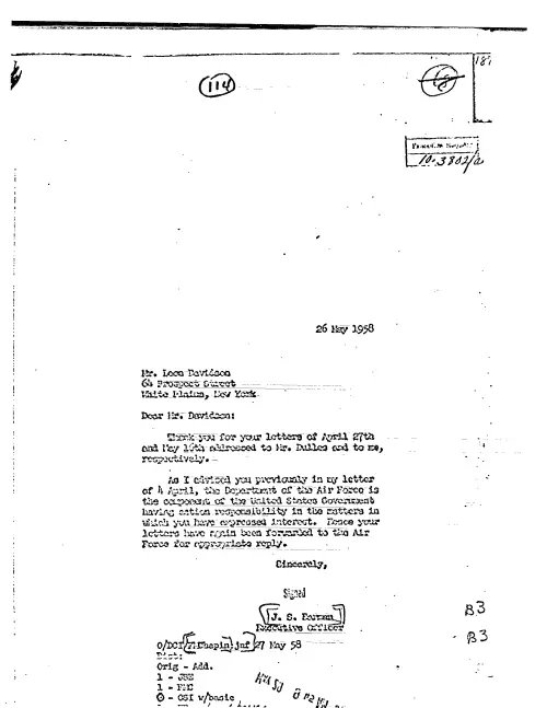 First page of CIAUFO - TO LEON DAVIDSON FROM J S HARMAN ACKNOWLEDING HIS LETTERS OF APRIL 2
