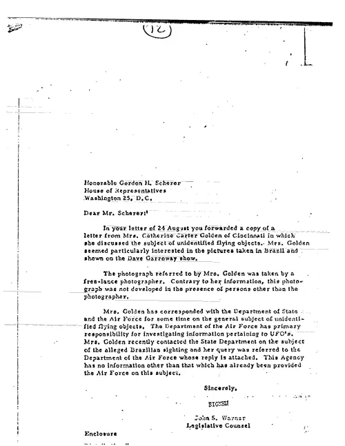 First page of CIAUFO - TO GORDON SCHERER FROM JOHN WARNER REGARDING LETTER OF 24 AUGUST