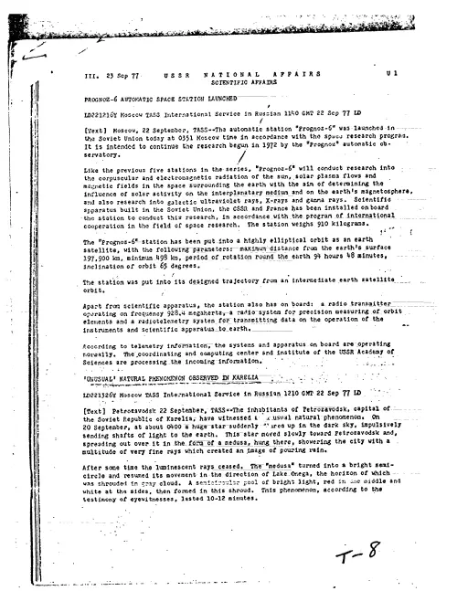 First page of CIAUFO - USSR NATIONAL AFFAIRS SCIENTIFIC AFFAIRS 'UNUSUAL' NATURAL PHENOMENON OBSERVE