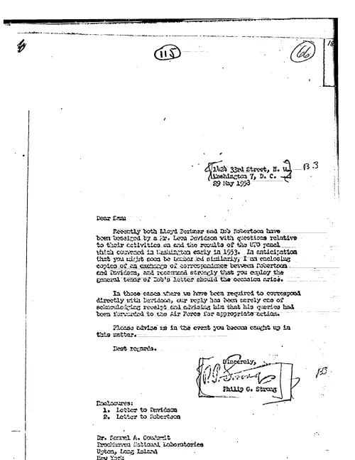 First page of CIAUFO - TO SAM GOUDSMIT FROM PHILIP STRONG DISCUSSING LEON DAVIDSON