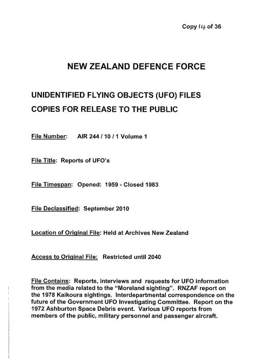 First page of NewZealandUFO - AIR-244-10-1-Volume-1-1959-1983