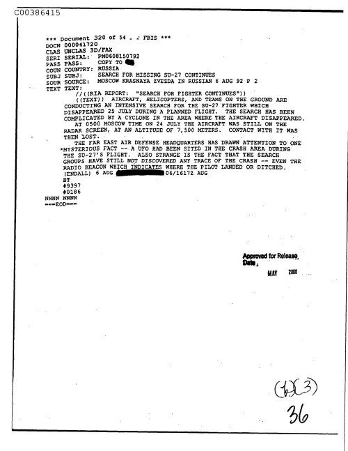 First page of CIAUFO - SearchForMissingSu-27ContinuesDoc_0005517758