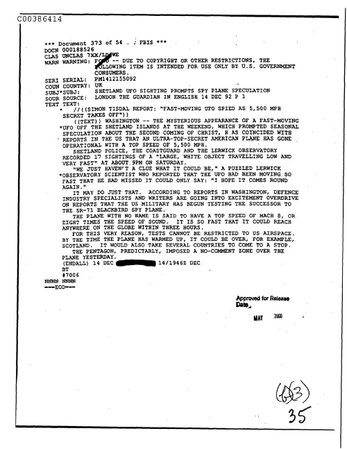 First page of CIAsX-Files-2015UFORelease - SHETLAND UFO SIGHTINGS PROMPTS SPY PLANE SPECULATION DOC_0005517757