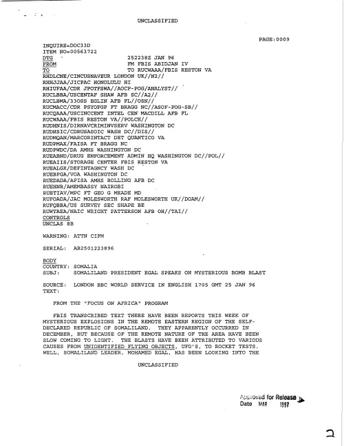 First page of CIAUFO - SOMALILAND PRESIDENT EGAL SPEAKS ON MYSTERIOUS BOMB BLAST
