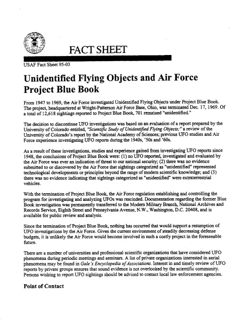 First page of NSAUFO - USAF Fact Sheet 95 03