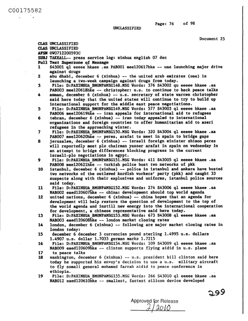 First page of CIAsX-Files-2015UFORelease - PRESS SERVICE LOG: XINHUS ENGLISH 07 DEC DOC_0005517469