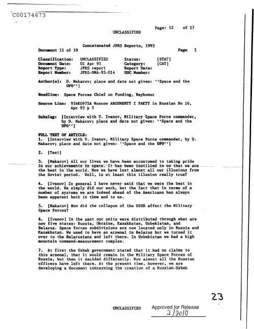 First page of CIAUFO - SpaceForcesChiefOnFundingBaykonurDoc_0005516639