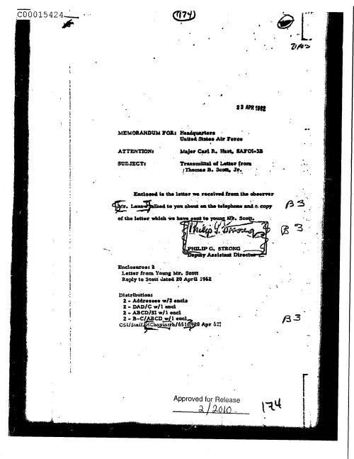 First page of CIAsX-Files-2015UFORelease - TRANSMITTAL OF LETTER FROM THOMAS B. SCOTT, JR. DOC_0005516059