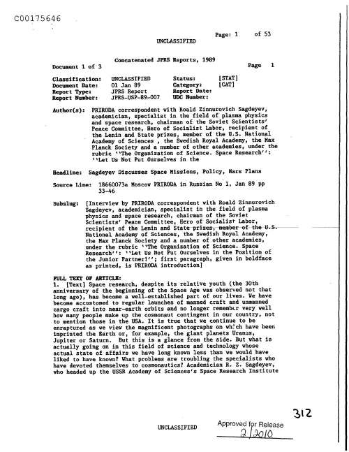 First page of CIAUFO - SagdeyevDiscussesSpaceMissionsPolicyMarsPlansDoc_0005517514