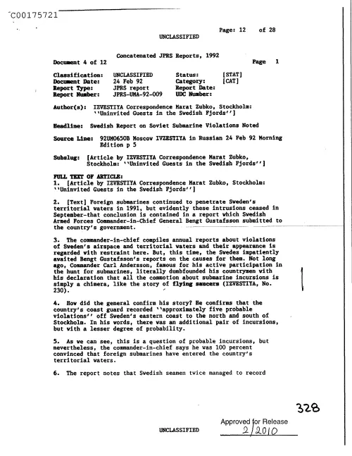 First page of CIAUFO - SwedishReportOnSovietSubmarineViolationsNotedDoc_0005517542
