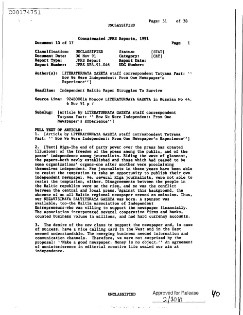 First page of CIAsX-Files-2015UFORelease - INDEPENDENT BALTIC PAPER STRUGGLES TO SURVIVE DOC_0005516671