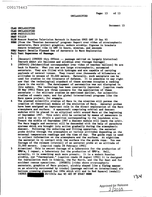 First page of CIAUFO - ReportDetailsPlannedUseOfAerostatsInMarsExplorationDoc_0005516721