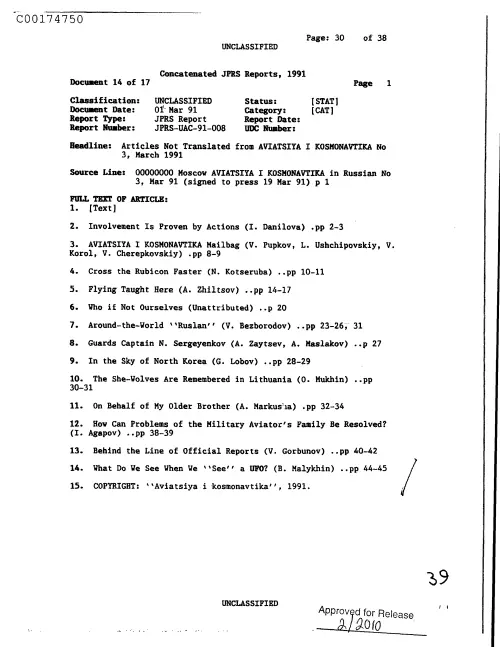 First page of CIAsX-Files-2015UFORelease - ARTICLES NOT TRANSLATED FROM AVIATSIYA I KOSMONAVTIKA NO 3, MARCH 1991 DOC_0005516670