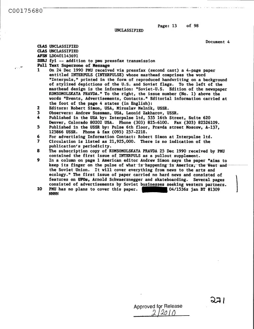 First page of CIAsX-Files-2015UFORelease - FYI -- ADDITION TO PMU PRESSFAX TRANSMISSION DOC_0005517518