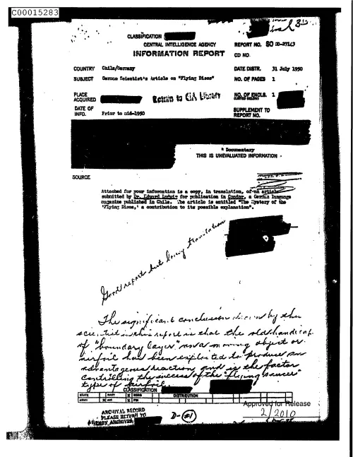 First page of CIAsX-Files-2015UFORelease - GERMAN SCIENTISTS ARTICLE ON "FLYING  DISCS" DOC_0005515709