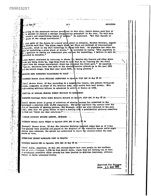 First page of CIAsX-Files-2015UFORelease - ARGENTINA AUTHORITIES REPORT SATELLITE DOWN IN BOLIVIA DOC_0005515664