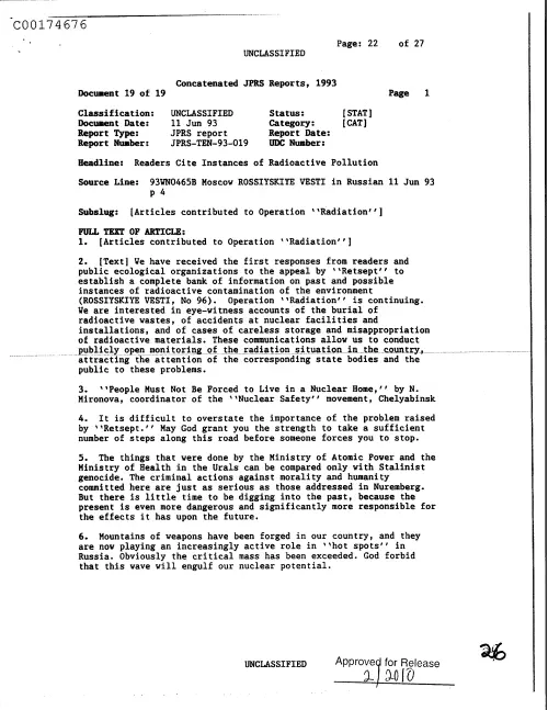 First page of CIAsX-Files-2015UFORelease - READERS CITE INSTANCES OF RADIOACTIVE POLLUTION DOC_0005516641
