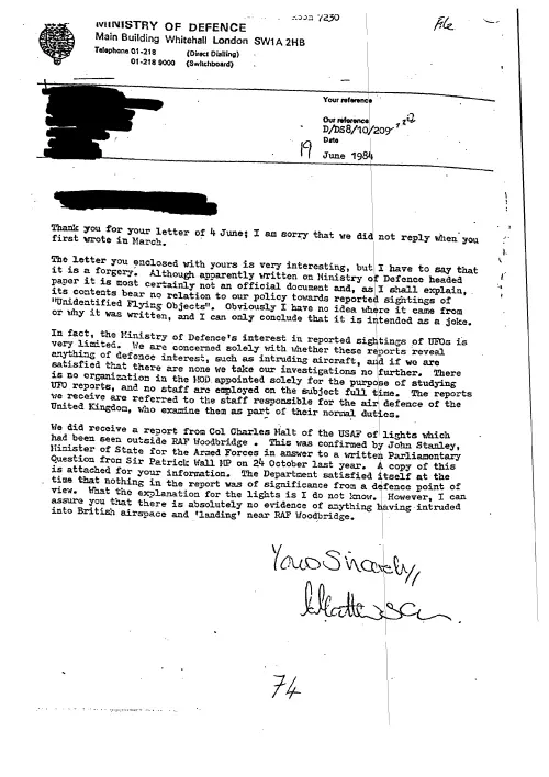 First page of BritishUFOFiles - MOD Rendelsham 3