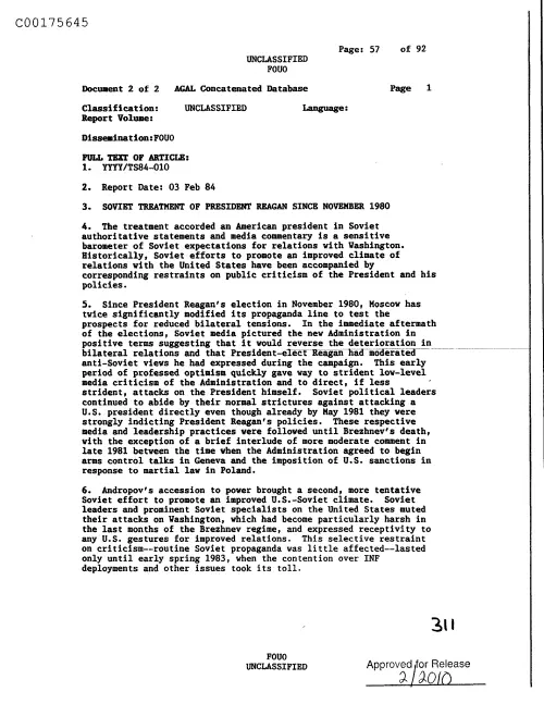 First page of CIAUFO - SovietPublicTreatmentOfPresidentReaganSinceNovember1980Doc_0005517513