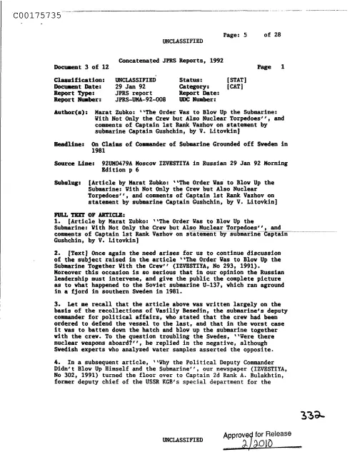 First page of CIAsX-Files-2015UFORelease - ON CLAIMS OF COMMANDER OF SUBMARINE GROUNDED OFF SWEDEN IN 1981 DOC_0005517547