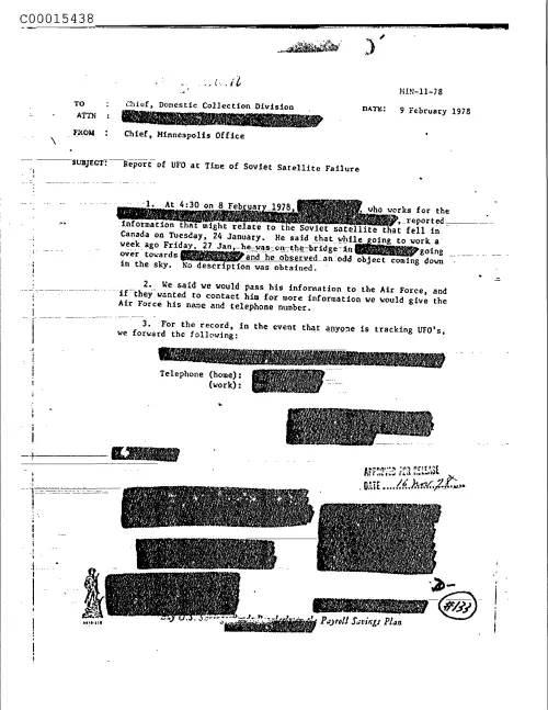 First page of CIAsX-Files-2015UFORelease - REPORT OF UFO AT TIME OF SOVIET SATELLITE FAILURE DOC_0005516073