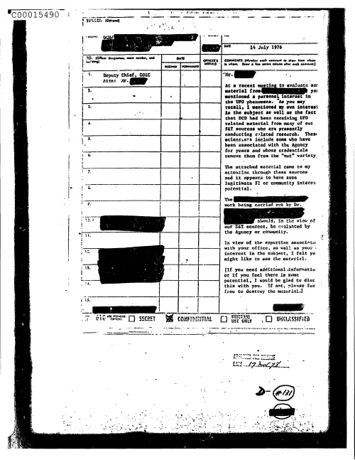 First page of CIAUFO - UntitleddiscussesPersonsInterestInUfoPhenomenaAndForwardsRelatedMaterialForThemToSeeDoc_0005516206