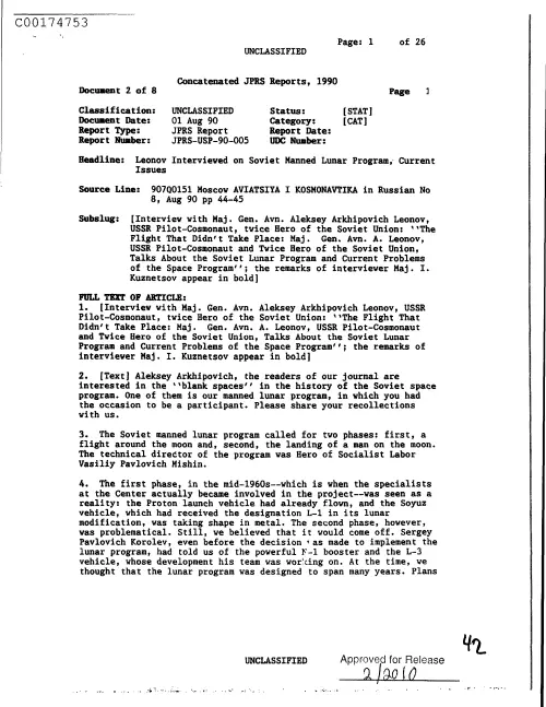 First page of CIAsX-Files-2015UFORelease - LEONOV INTERVIEWED ON SOVIET MANNED LUNAR PROGRAM, CURRENT ISSUES DOC_0005516672