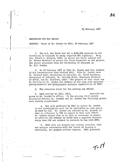 First page of CIAUFO - VISIT OF DR. CONDON TO NPIC, 20 FEBRUARY 1957