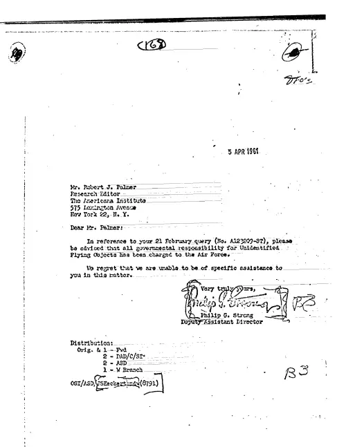 First page of CIAUFO - TO ROBERT PALMER FROM PHILIP STRONG ACKNOWLEDGING 21 FEBRUARY INQUIRY