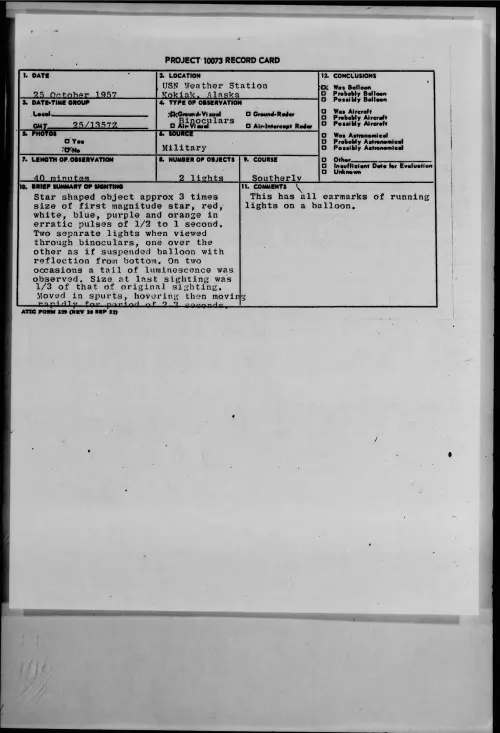 First page of 1957.10 - 6973285 - USN Weather Station, Kokiak, Alaska