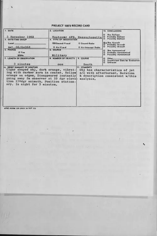 First page of 1962-11-9316220-WestoverAFB-Massachusetts