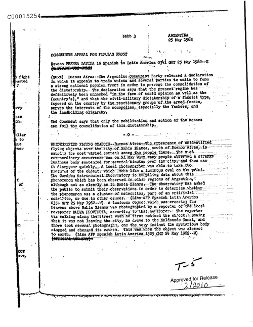 First page of CIAsX-Files-2015UFORelease - ARGENTINA UNIDENTIFIED FLYING OBJECTS (PAGE BBBB 3 ONLY) DOC_0005515661