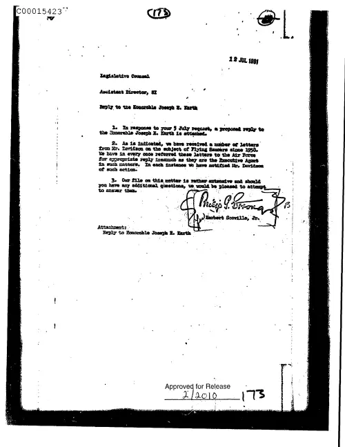 First page of CIAUFO - ReplyToTheHonorableJosephE.KarthwithLetterToJosephKarthDated610713AttachedDoc_0005516058