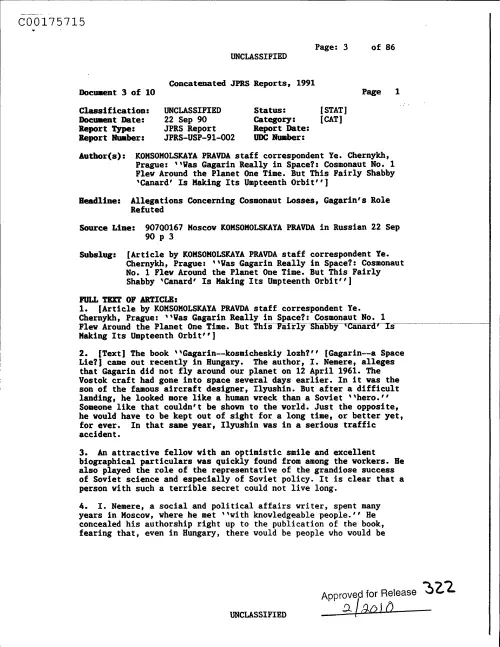 First page of CIAUFO - AllegationsConcerningCosmonautLossesGagarinsRoleRefutedDoc_0005517536