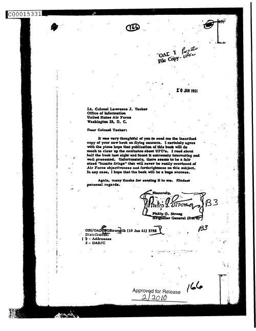 First page of CIAUFO - UntitledtoLawrenceTackerFromPhilipStrongThankingHimForLendingHisBookOnFlyingSaucersToHimDoc_0005515875