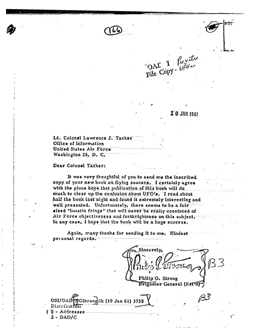 First page of CIAUFO - TO LAWRENCE TACKER FROM PHILIP STRONG THANKING HIM
