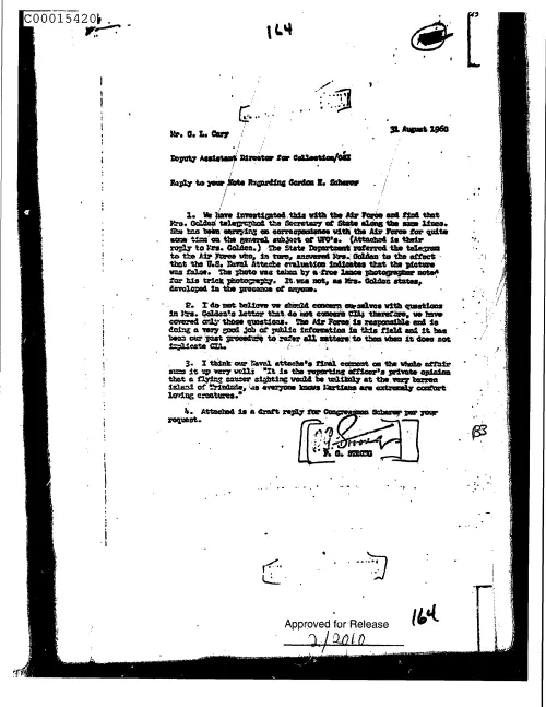First page of CIAsX-Files-2015UFORelease - REPLY TO YOUR NOTE REGARDING GORDON E. SCHERER DOC_0005516054