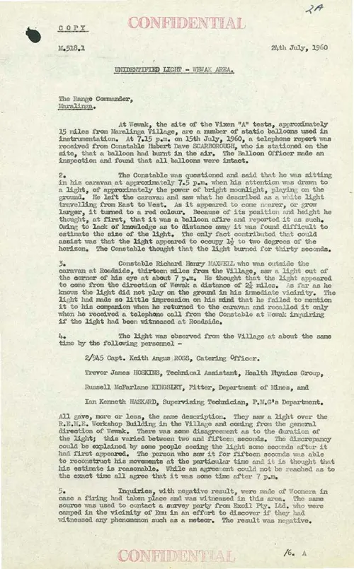 First page of AustralianUFOFiles - UFO sightings at weapons testing site