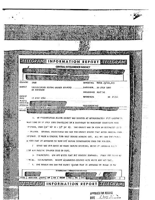 First page of CIAUFO - UNIDENTIFIED FLYING OBJECT SIGHTED AT BEHSHAHR