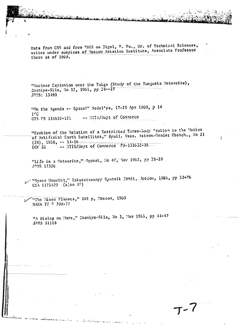 First page of CIAUFO - DATA FROM CRS AND FROM FBIS ON ZIGEL, F. YU., DR. OF TECHNICAL SCIENCES WRITES