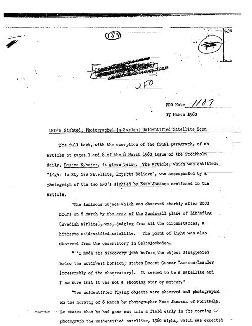 First page of CIAUFO - UFO'S SIGHTED, PHOTOGRAPHED IN SWEDEN; UNIDENTIFIED SATELLITE SEEN