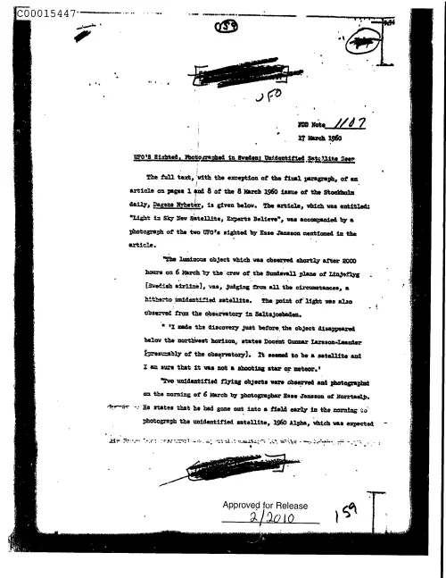 First page of CIAsX-Files-2015UFORelease - UFO'S SIGHTED, PHOTOGRAPHED IN SWEDEN: UNIDENTIFIED SATELLITE SEEN DOC_0005516088