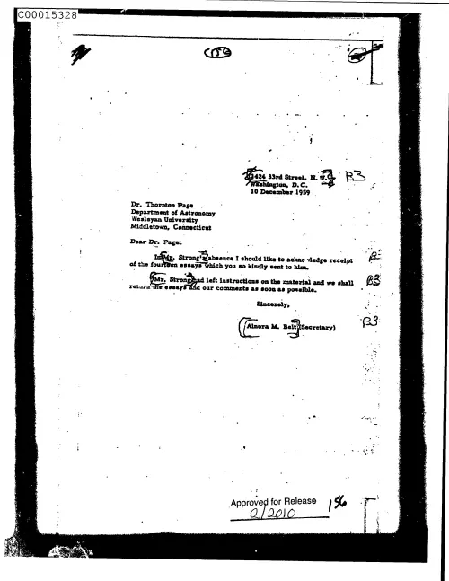 First page of CIAsX-Files-2015UFORelease - UNTITLED (TO THORNTON PAGE FROM ALNORA BELT ACKNOWLEDGING RECEIPT OF 14 ESSAYS) DOC_0005515872
