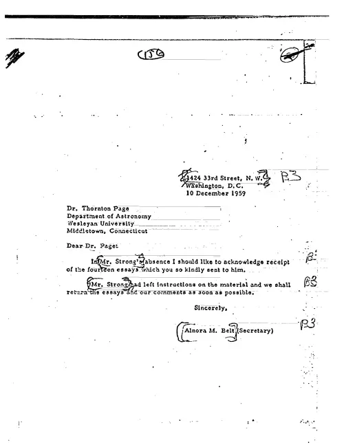 First page of CIAUFO - TO THORNTON PAGE FROM ALNORA BELT ACKNOWLEDGING RECEIPT OF 14 ESSAY