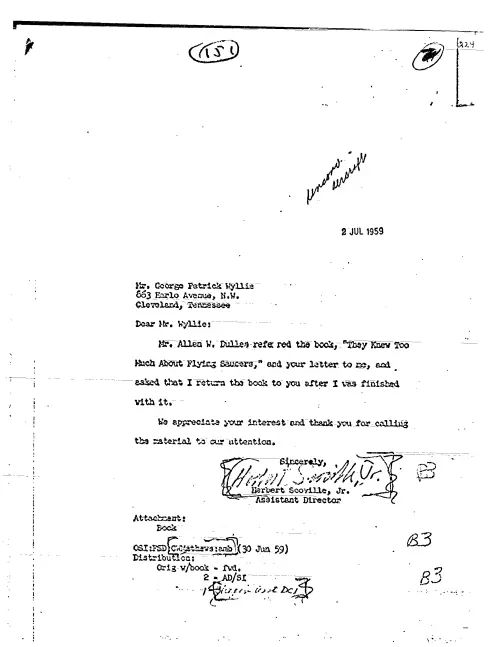 First page of CIAUFO - TO GEORGE WYLLIE FROM HERBERT SCOVILLE ABOUT BOOK 'THEY KNEW TOO MUCH'